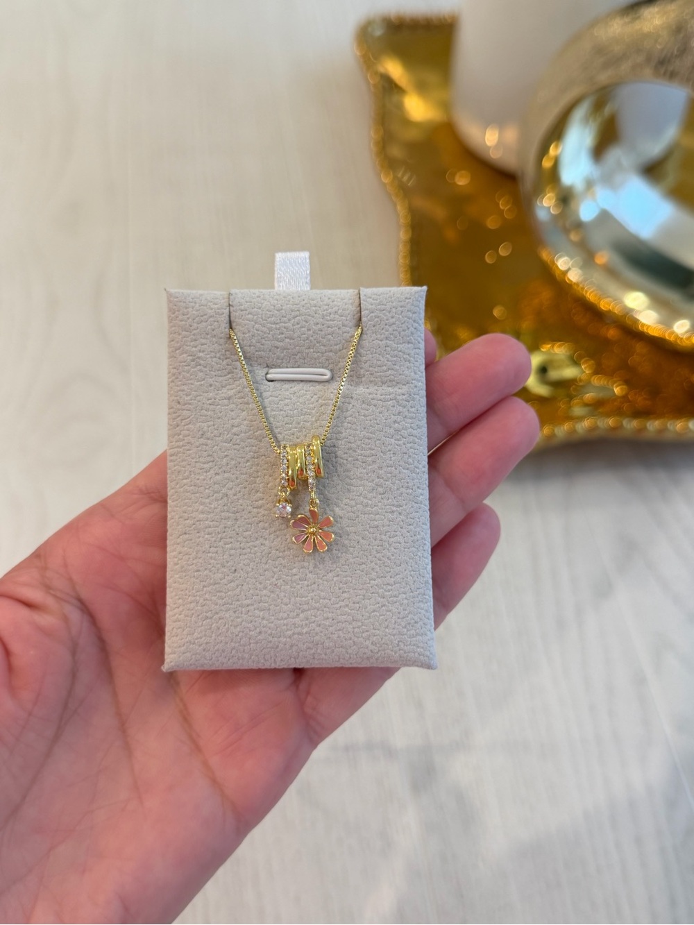 Gold Plated Pink Enamel Daisy Pendant Necklace - Women's Jewelry